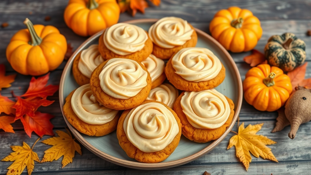 Pumpkin Cookies with Creamy Peanut Butter Frosting A plate of pumpkin cookies with peanut butter frosting on a wooden table, decorated with autumn leaves and pumpkins.